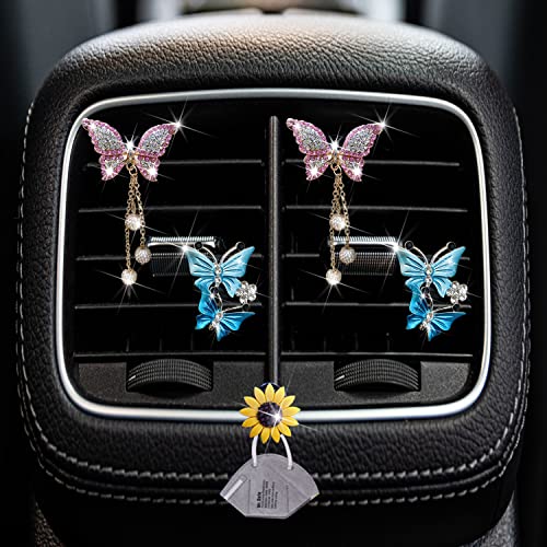 Image of 4 Pcs Bling Butterfly Air Vent Clips, Pink & Blue Butterfly Car Air Fresheners Vents Clips Car Diffuser Diamond Car Interior Decor Cute Car Accessories Car Decoration for Women +Sunflower Mask Hook