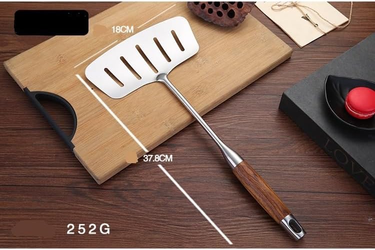 7-Piece Kitchen Silverware Set - 304 Stainless Steel Cutlery with Pear Wood Handle, Includes Soup Spoon, Frying Spatula, Large Colander, and Rice Serving Utensils