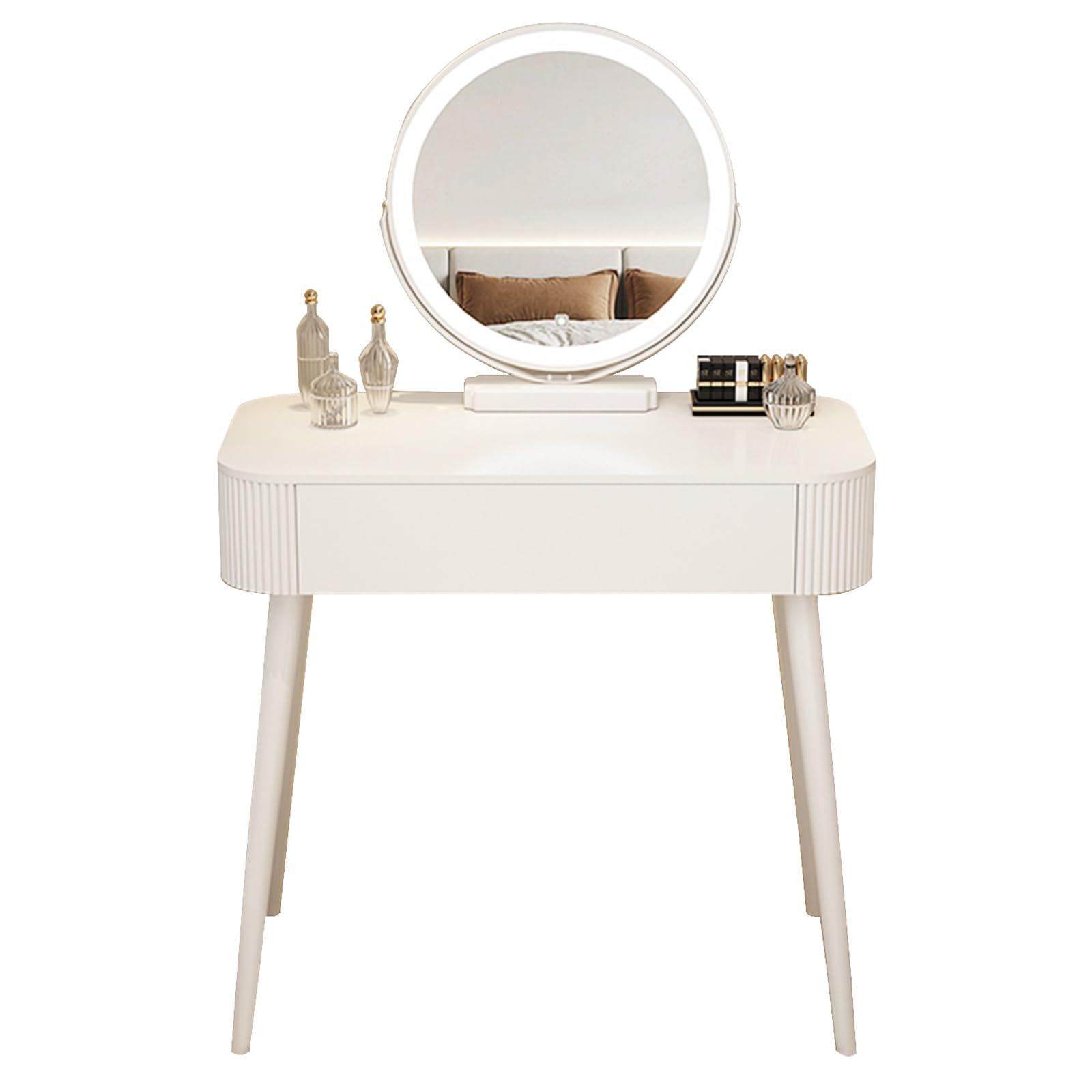 asdchZen Led Lighted White Vanity Desk With Drawer And Cosmetic Storage Nizer For Bedroom Dressing Room Compact And Stylish Makeup Table,Table-80cm/31.5in