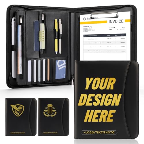 ENOMY Personalisiert Mappe A4 mit Reißverschluss PU Leder Mappe als Professionelle Business Dokumentenmappe und Konferenzmappe Schwarz