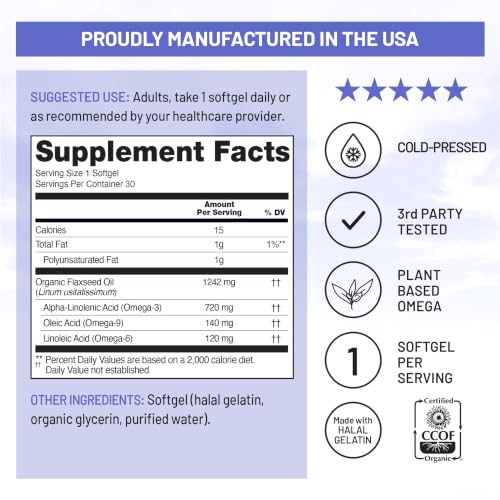 Image of NatureWise Flaxseed Oil 1200 mg, Fish Free Omega 3 6 9 with 720mg ALA - CCOF Certified Organic Flaxseed Oil - Plant Based Omega - Cold Pressed, Non-GMO - 30 Softgels[1-Month Supply]