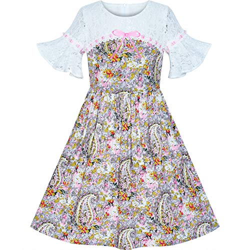 Sunny Fashion Girls Dress Lace Bell Sleeve Paisley Pattern Vintage Size 4-8