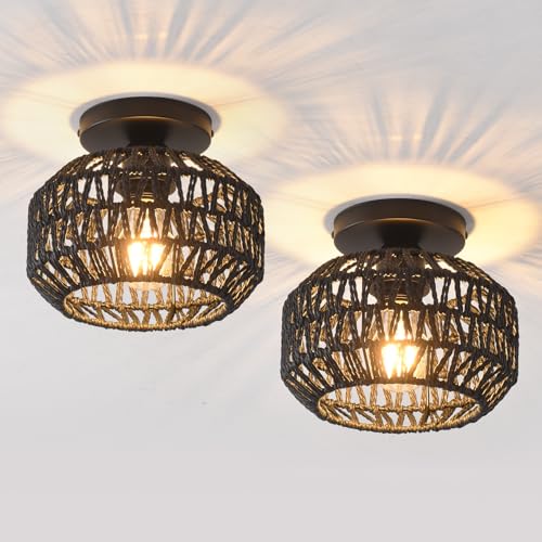 2 Pack Farmhouse Light Fixtures Ceiling Mount,Mini Rattan Boho Semi Flush Mount Ceiling Light,Hand Woven Hallway Light Fixtures for Bedroom Entryway