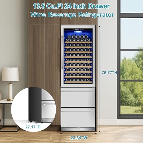 Image of Tylza Wine and Beverage Refrigerator, 24'' Dual Zone Wine Fridge with Dual Drawers, Holds 160 Cans and 120 Bottles, Reversible Door, Built-In or Freestanding, Beverage Fridge for Home or Commercial