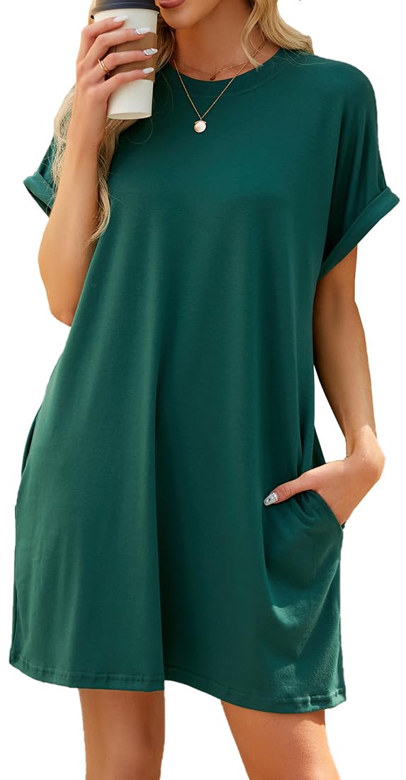 MEDUOLA Mujer Vestido Casual de Manga Corta Vestido de Camiseta con Bolsillos Vestido Suelto Color Sólido para Verano