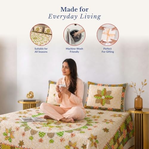 Image of Jaipur Weaves Jaipuri Double Bed Cotton Bedsheet Queen Size 90x100, 144 TC 100% Pure Cotton Bed Sheet with 2 Pillow Covers, Royal Mandala Traditional Print (Mandala Green)
