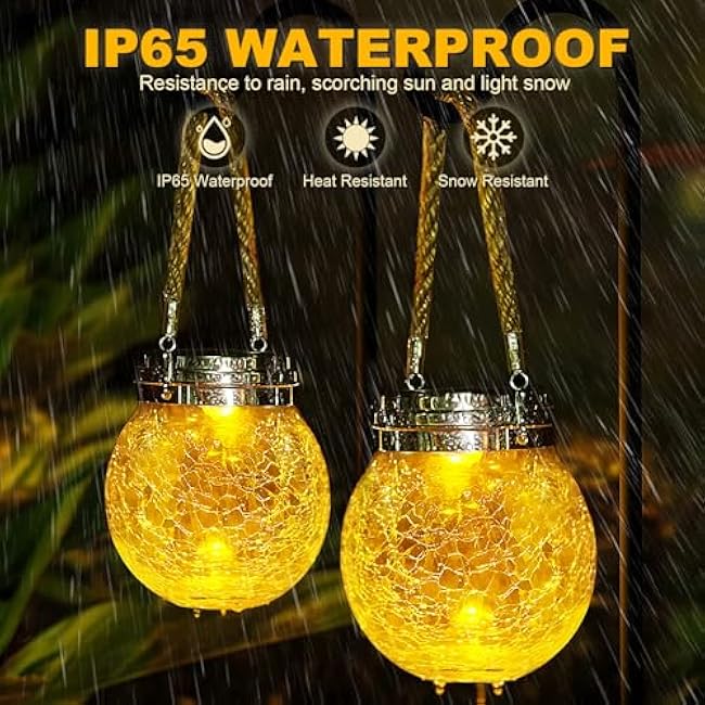 DBF 2 Pack Solar Lanterns Outdoor Waterproof IP65, Heavy Crackle Glass, Amber Warm & RGB, 30 LEDs, Stainless Steel Lid, Hanging Globes Ornaments, Garden Decor for Patio Backyard Tree Flower Bed Table