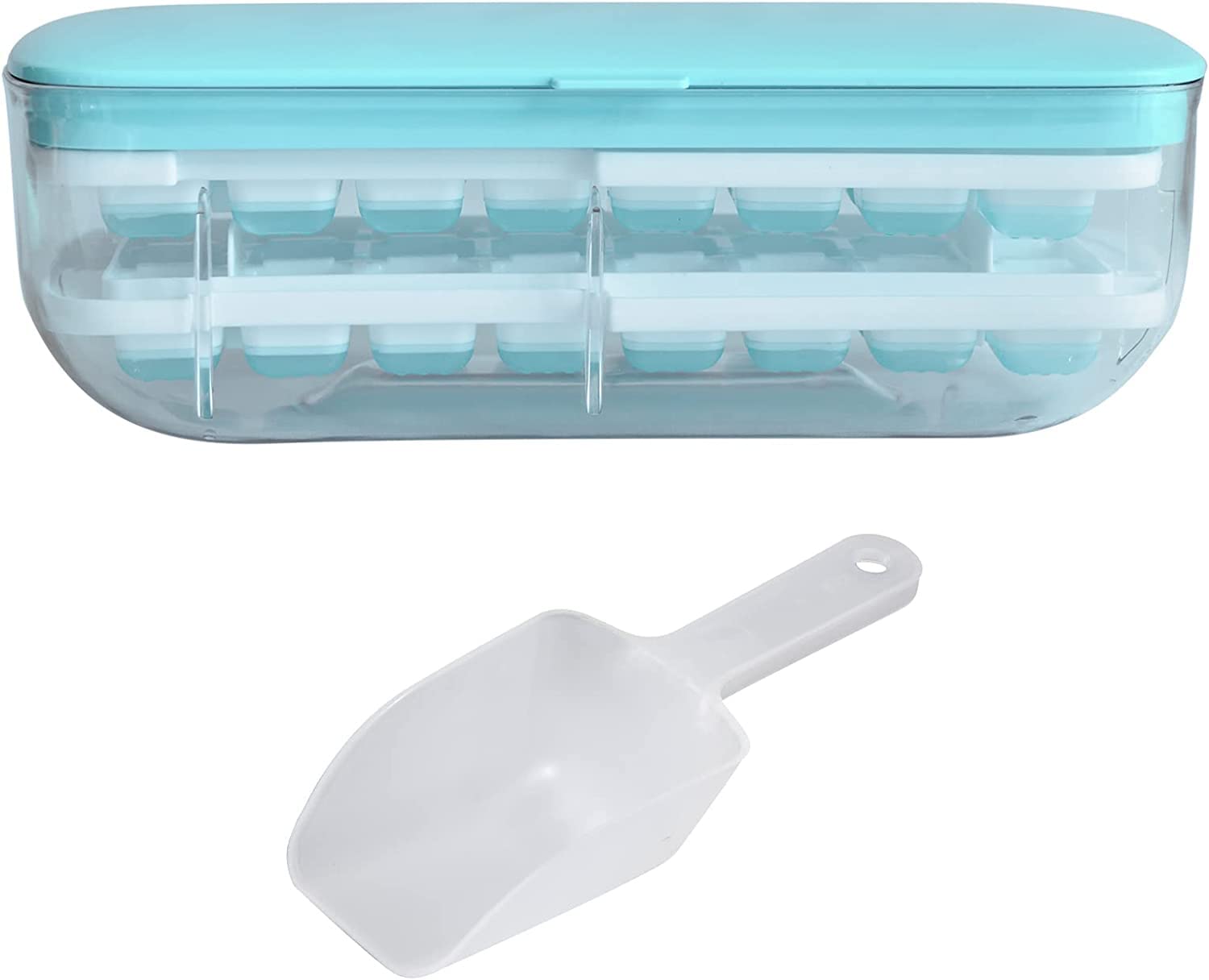 Evona Silicone Freezer Ice Cube Tray, Double Layer 48 Compartment with Lid and Storage Bin, Easy Release Ice Container with Scoop for Cocktail Whisky Coffee (Blue)