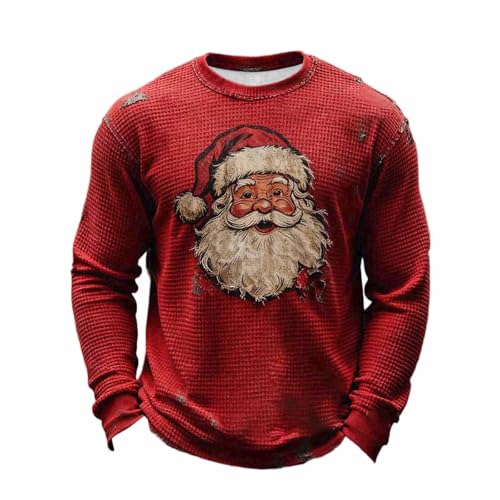 Men's Vintage Santa Christmas Shirts Funny Graphic Sweatshirt Waffle Knit Distressed Long Sleeve Pullover for Men Crewneck Sweatshirts Mens Tops Ugly Xmas Sweater Shirt 2025 Holiday Clothing Fashion