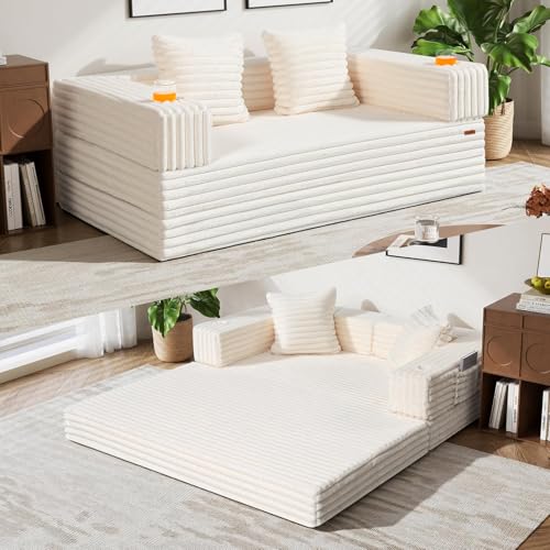 Image of COMAX Futon Sofa Bed, 4‑in‑1 Convertible Sofa Bed, Folding Boneless Couches | Boneless Couch for living room, Fold Out Small Foldable Loveseat Floor Sleeper Mattress Lounge Space‑Saving, Light Beige