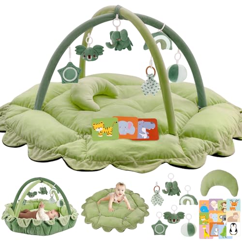 Image of 5-in-1 Plush Baby Play Gym, Baby Play Mats, Convertible Baby Gym with Pillow, Tummy time mat, 6 Sensory Toys, Baby Activity Center from Newborn to Toddler, Pet Bed, Cat & Dog Bed, Ball Pit, Green