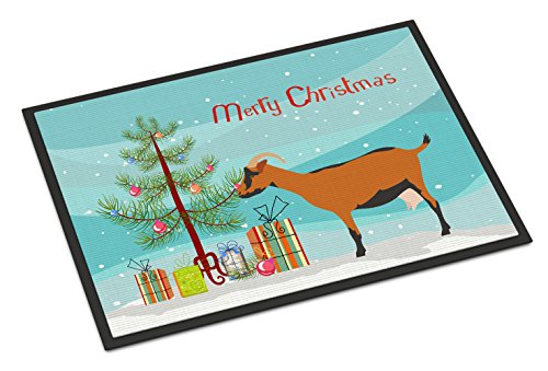 Caroline's Treasures BB9255MAT Oberhasli Goat Christmas Doormat 18x27, Teal Front Door Mat Indoor Outdoor Rugs for Entryway, Non Slip Washable Low Pile, 18H X 27W