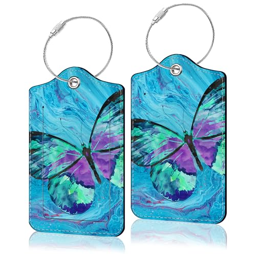 Image of 2 Pack Luggage Tag for Suitacase, Cute Unique Leather Suitcase Tags Identifiers with Privacy Name Address Labels & Durable Steel Loop for Women Men Travel - Butterfly
