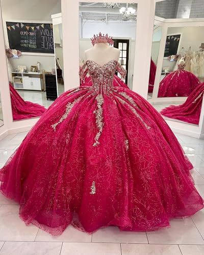 Gold Appliques Quinceanera Dresses with Bow Sweet XV Dress Glitter Puffy Ball Gown with Long Train PM0063