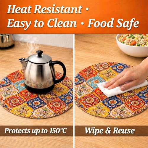 Image of Premium Round Cotton Dining Table Mats Set of 2 | Washable Heat Resistant Food Mat | Circular Dining Table Hot Plate Mats & Coaster for Hot Utensil (14-inch, Printed Mandala /Multicolour)