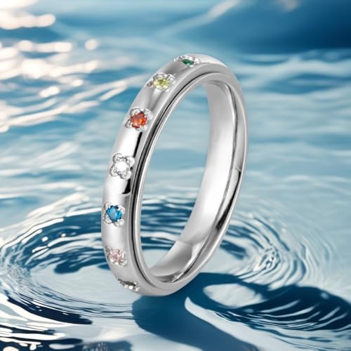 Colorful CZ Flower Fidget Spinning Ring for Women Stainless Steel Rainbow Crystal Floral Stacking Statement Finger Bands Rotated Stress Relief Rings Dainty Wedding Promise Jewelry Anti-anxiety Tool4