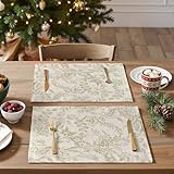 JINCHAN Linen Floral Placemats Christmas Set of 4 Cloth Table Mats Rustic Cottagecore Botanical Outdoor Seasonal for Kitchen Dining Table Decor Non-Slip Washable Tablemats 13x19 Inch Green