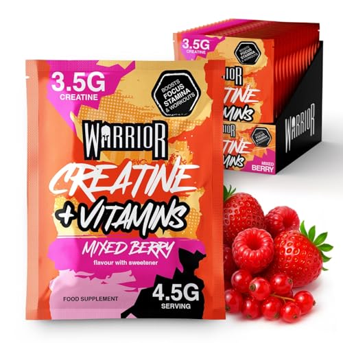 Warrior Creatine Plus Vitamins Sachets, Daily Wellness Drink Mix with 3.5g Creatine and Multivitamin Blend for Energy, Focus, Immunity and Vitality, Zero Sugar Mixed Berry, 15 Sachets