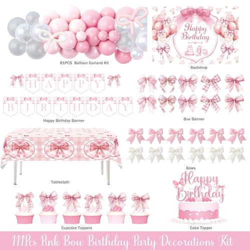 Party Inspo Pink Bow Birthday Decorations, Coquette Birthday Decorations for Girl, Pink Bow Themed Backdrop Balloon Banner Tablecloth Cake Topper for Girls Birthday Party Supplies by Party Inspo - Image 2