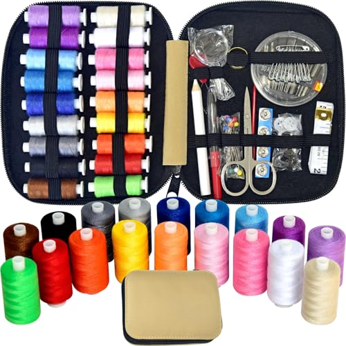 Image of Sewing Kit with Case Portable Sewing Supplies for Home Traveler, Adults, Beginner, Emergency, Contains 18 Sewing Thread, Scissors, Needles, Measure etc,Very Light Tan