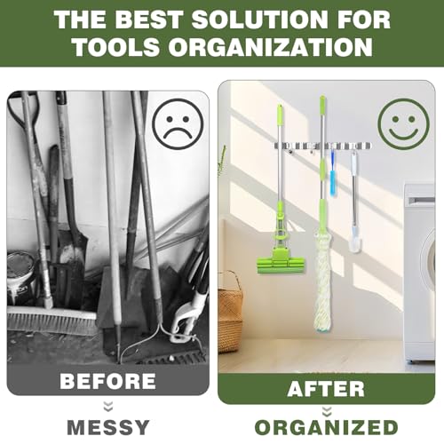 UNIFUN Broom Holder Wall Mount, Broom Organizer Wall Mount Stainless Steel Broom and Mop Hanger Heavy Duty Storage Organization for Home Kitchen Garden Garage Room 5 Racks 4 Hooks - Image 5