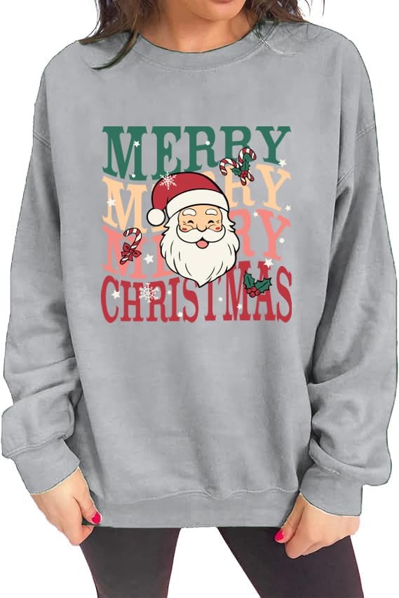 Christmas Sweatshirts for Women Santa Claus Merry Christmas Shirts Funny Xmas Vacation Graphic Pullover Tops