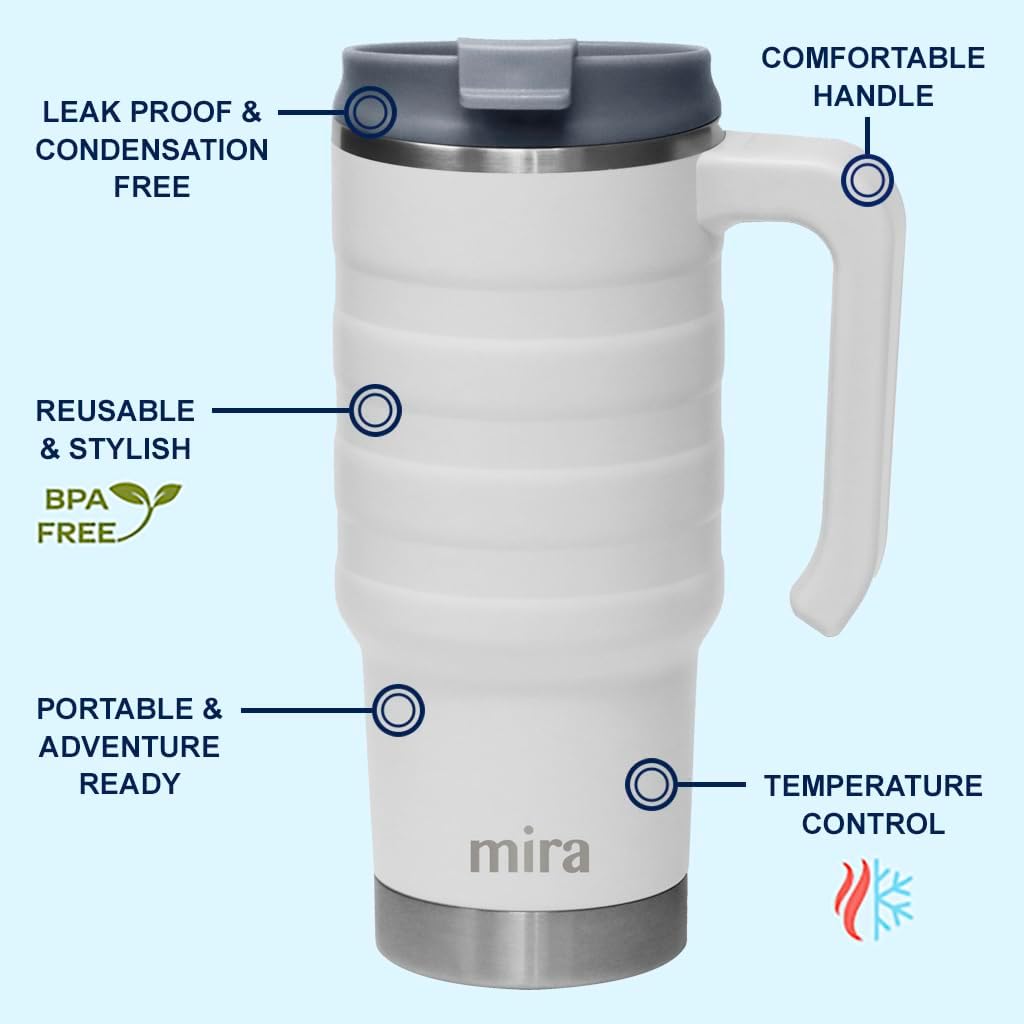 MIRA 24 oz Insulated Travel Mug - Stainless Steel Coffee Cup with Spill-Proof Flip Lid & Handle - Hot/Cold Car Tumbler - White - Image 2