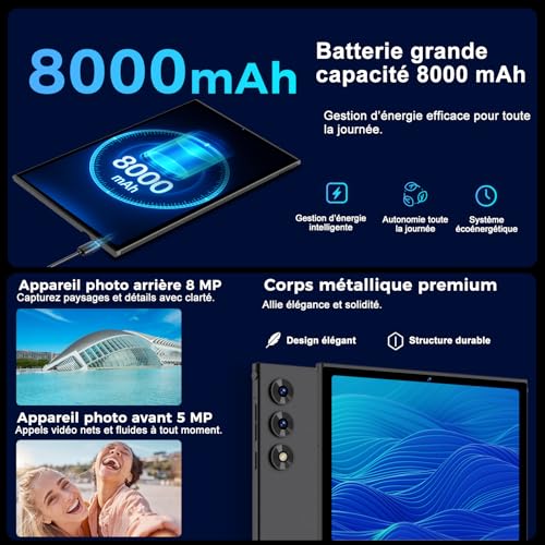 SKYEGG Tablet 10 Pulgadas Android 15 con Gemini AI, 30GB RAM + 128GB ROM Ampliable 2TB, Octa-Core, WiFi 6, Widevine L1, Batería 8000mAh, Cámara 8/5 MP, Teclado, Ratón y Funda, Cuerpo Metálico - Negro - imagen 5