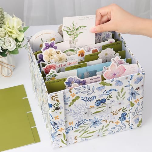 Image of Greeting Card Storage Box Collapsible Card Organizer with 16 Dividers and Sticker Greeting Card Keeper for Holiday Birthday Photos Recipes Envelopes Large Cards Crafts Scrapbooking