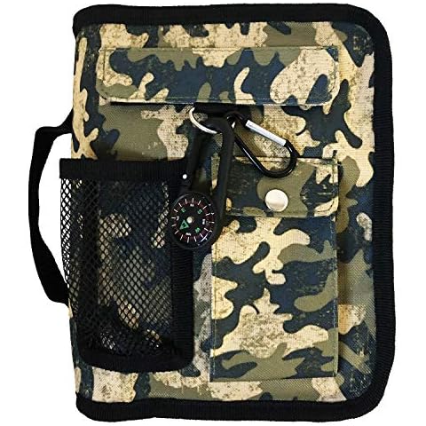 Green Camo Medium Book and Bible Cover for Men with Compass Carabiner Camouflage Book Supplement for Women Case Cover