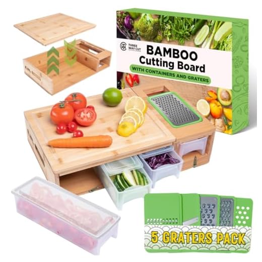 Bamboo Cutting Board With Containers - Meal Prep Station With Removable Top, Kitchen Boards & Food Storage Tray With Lids, Home Prepdeck Marble & Veggie Shredder Wood Prepboard Deck Slide Drawer Bins