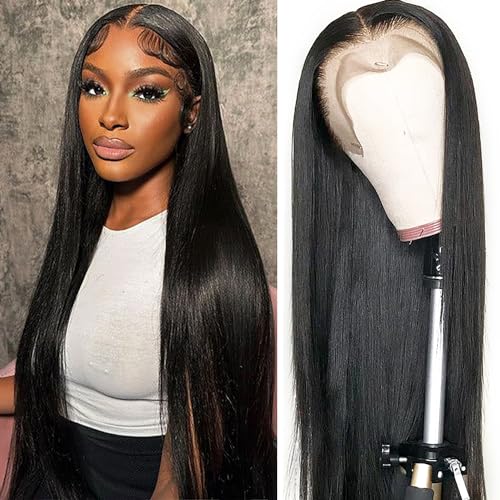 MIRTHFUL Straight Lace Front Wigs Human Hair Pre Plucked 180% Density 13x4 HD Lace Frontal Glueless Wigs Human Hair for Women Natural Black Color 26 Inch