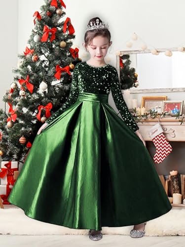 dideyttawl Long Sleeves Flower Girls Dress Christmas Satin Sequins Dress Big Bow Formal Party Dress 5033