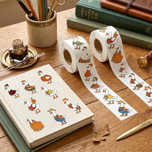 Image of Autumn Silly Goose Sticker - 2 Rolls Waterproof Vinyl Self Adhesive Decals Easy Peel for Laptop Water Bottle Scrapbook Journal Planner DIY Craft Gift Supplies School Work Desk Locker Decor