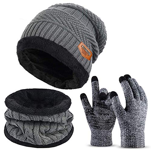3 Pieces Winter Beanie Hat Scarf Set and Touch Screen Gloves Warm Thick Knit Fleece Lined Skull Cap Gifts for Men Women