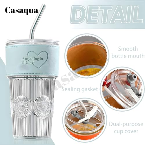 Image of Drinking Glass with Lids and Straw - 400ml, Set of 1, Fruit Juice Cups, Glass with Lids and Straws, Wide Neck, Coffee Glass for Coffee, Smoothie, Milkshake, Juice (Random Design, Multicolor)