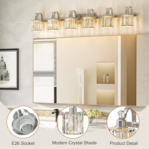 Image of GarveeTech Crystal Vanity Light Fixtures Modern Stainless Steel Crystal Bathroom Vanity Light Fixtures Chrome, 6 Light Vanity Light Bathroom Wall Lights Fixtures E26 Base(Exclude Bulb)
