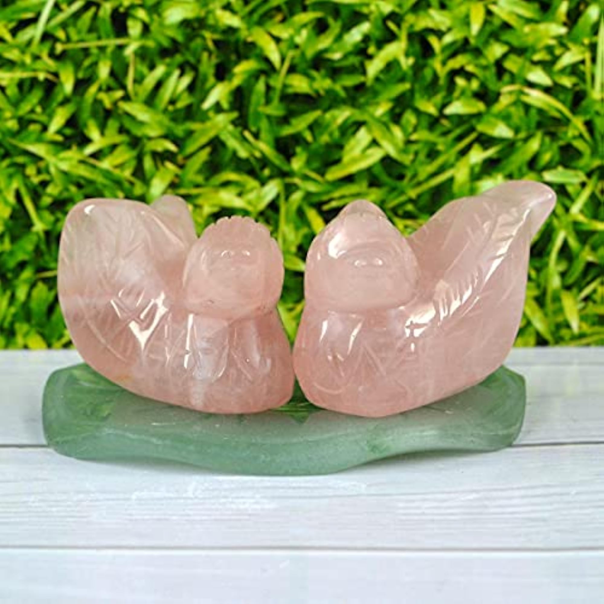 Rose Quartz Mandarin Swan Duck Pair with Green Jade Plate