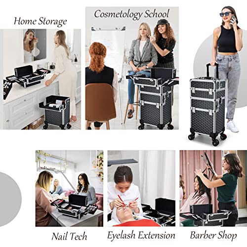 Professional 3 In 1 Rolling Makeup Case Cosmetic Train Case On Wheels Large Capacity Makeup Trolley Salon Barber Traveling Trunk For Cosmetology School Nail Tech Hairstylist Makeup Rolling Case, Black #TOP6