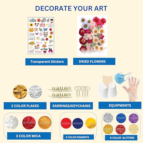 Image of Exploralearn Ultimate Max Resin Art Kit - DIY Alphabet, Earring, Keychain, Coaster with 200 gm Epoxy Resin, Silicone Moulds, Dry Flowers & Stickers - Complete Resin Art Materials with Mica, Glitters, Pigments & Flakes | Multicolor