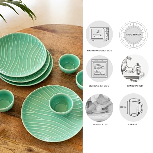 Image of ExclusiveLane 'Caribbean Green' Ceramic Dinner Set Ceramic Plates for Dinner Plates with Bowls Katoris (8 Pieces, Serving for 4, Dishwasher & Microwave Safe, Sea-Green) |Dinnerware Ceramic Serveware
