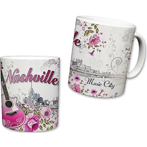 Sweet Gisele | City of Nashville Ceramic Mug | Coffee Cup | Downtown Skyline Background | Music City Theme | Pink Guitar & Floral Pattern Foreground | Great Novelty Gift | 11 Fl. Oz (Pink/Grey)