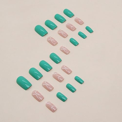 Miniatura 3 de 24 uñas cuadradas a presión, uñas postizas acrílicas cortas, uñas con pegamento verde con ondas blancas, diseños exquisitos, uñas postizas