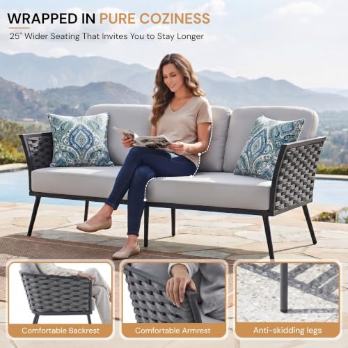 Image of DEVOKO 6-Seater Outdoor Rope Conversation Set with Wooden Top Table Water-Resistant Cushions, Strong Metal Frame High Weight Capacity Furniture for Garden, Terrace, Backyard(Blackish Grey & Grey)
