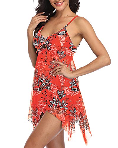 Temptme Womens Pink Mesh Flowy Tankini Floral Swimdress Two Piece Swimsuits Swim Dress with Boyshort