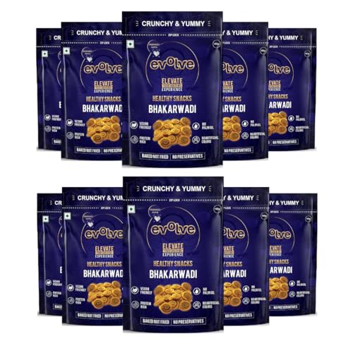 Image of Evolve Baked Bhakarwadi Healthy Snacks for Kids, Adults | Gluten Free, No Artificial Colors or Preservatives, Freshly Made, Ready to Eat, Crunchy Masala Flavor - 100g Pack of 10