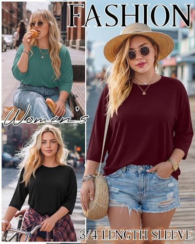 Image of Locoowai 3 Pack Women Plus Size Tops 3 /4 Sleeve Cotton Crew Neck Oversized T Shirts Loose Fit Tee Tunic Casual Blouse