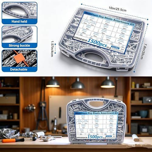 Image of smseace 1500Pcs Pop Rivets with 304 Stainless Steel Washers Assortment Kit Packed in Handheld Box 14-Sizes (3 /32 inch 1 /8 inch 5 /32 inch 3 /16 inch1 /4 inch) Assorted Blind Rivets for Metal,Furniture,Automotive,Instrument