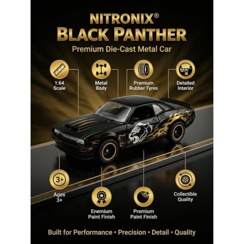 Image of 1:64 Black Panther Premium Die Cast Metal Toy Car for Kids | Mini Sports Car Collectible Model with Free Rolling Wheels, Realistic Design, openale door,Metal Vehicle, Birthday Gift for Boys & Girls