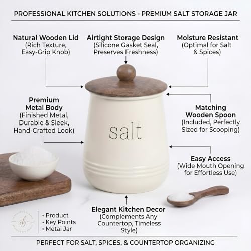 Image of Stylish Airtight Container for Kitchen, Salt Storage,White, Metal with Wooden Lid & Spoon, 1000ml, Canister for Kitchen Counter top | Food-Safe Jar Set (Salt)